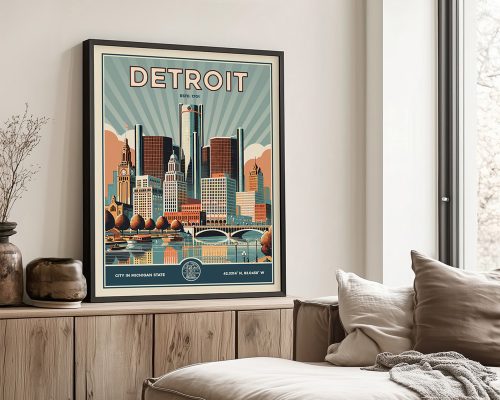 Framed poster of Detroit city skyline with retro design and vibrant colors.