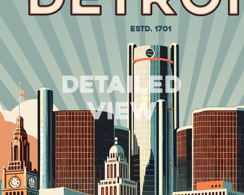 Retro illustration of Detroit's skyline featuring prominent buildings and the word 'DETROIT'.