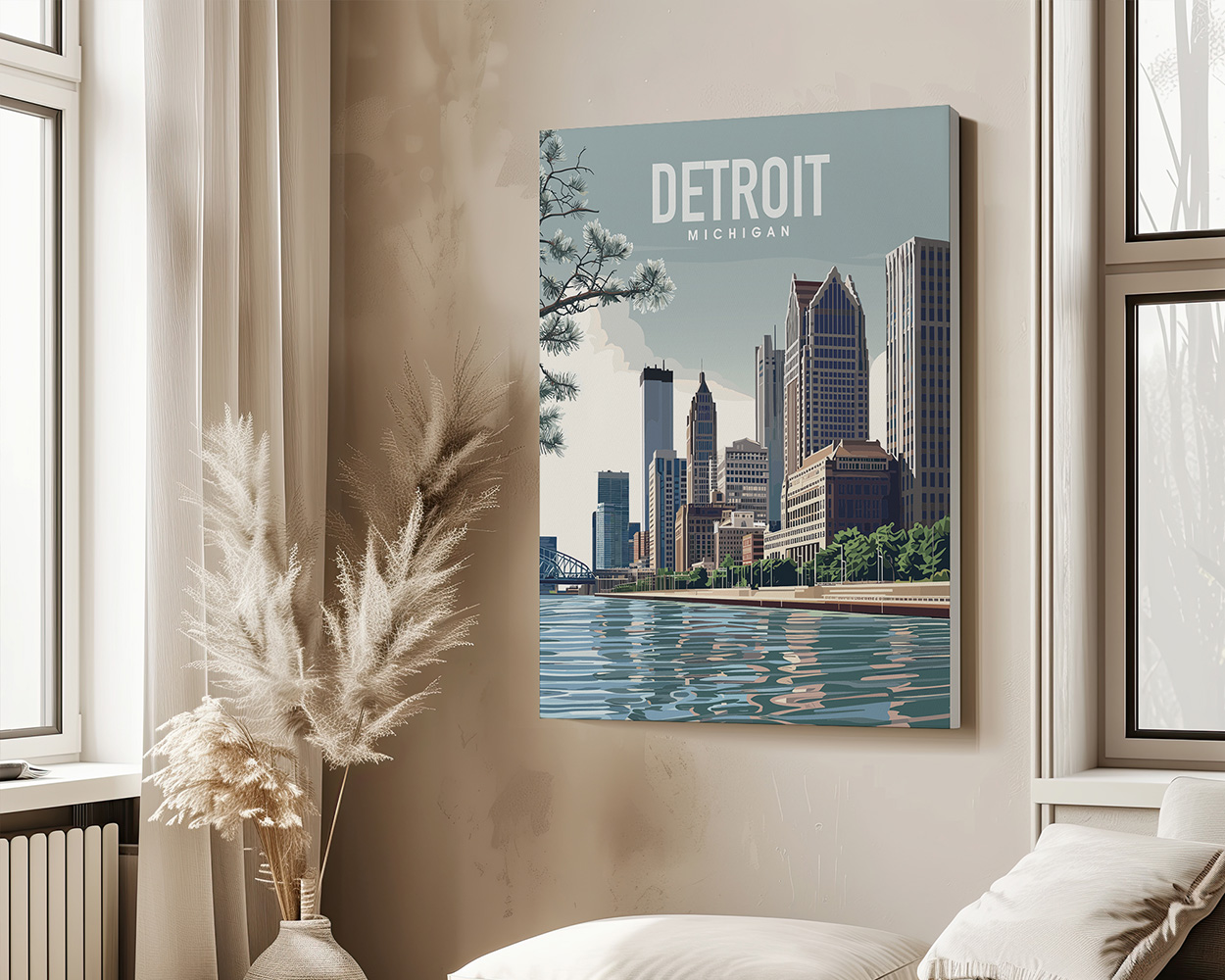Art print featuring a cityscape of Detroit, Michigan with skyscrapers and a river in the foreground.