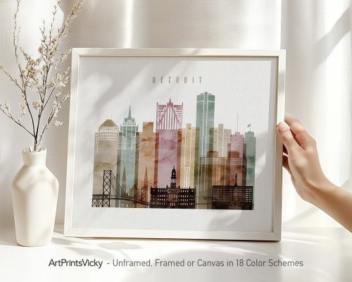 Art print of the Detroit city skyline featuring various buildings in muted colors.