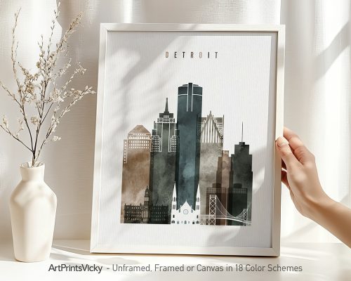 Art print of a cityscape featuring buildings from Detroit in a minimalist design.