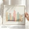 Art print of a stylized cityscape of Doha featuring various buildings and structures.