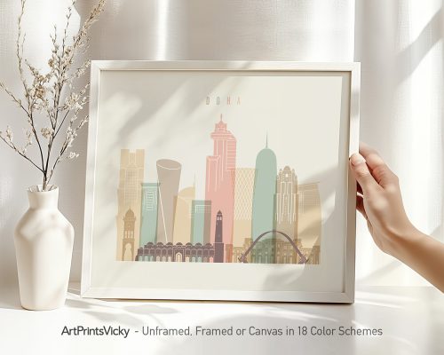 Art print of a stylized cityscape of Doha featuring various buildings and structures.