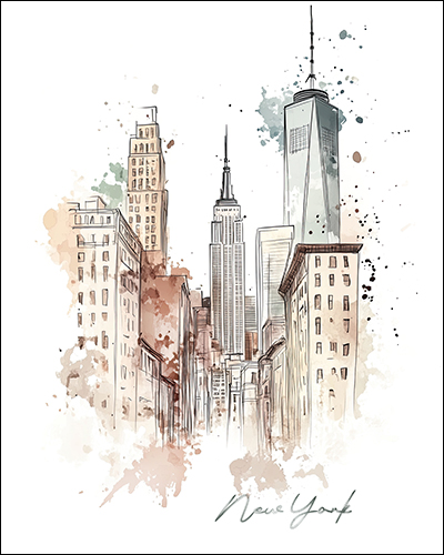 Illustration of New York City skyline featuring the Empire State Building and One World Trade Center.