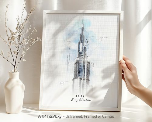 Framed artwork depicting the Burj Khalifa in Dubai with a light blue background.