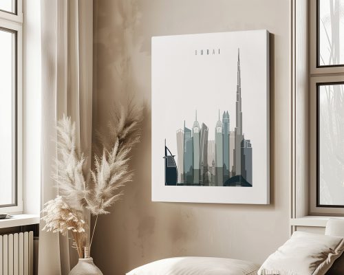Stylized artwork depicting the skyline of Dubai with notable buildings and structures.