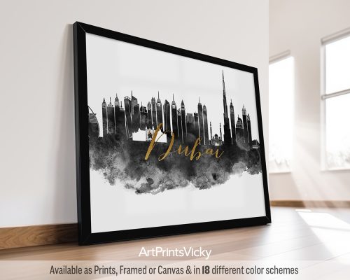 Art print featuring a black and white silhouette of the Dubai skyline with the word 'Dubai' in gold.
