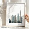 Framed artwork depicting a stylized cityscape of Dubai with notable skyscrapers.