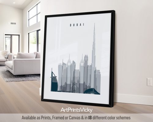 Framed artwork depicting a stylized skyline of Dubai with notable buildings in gray tones.