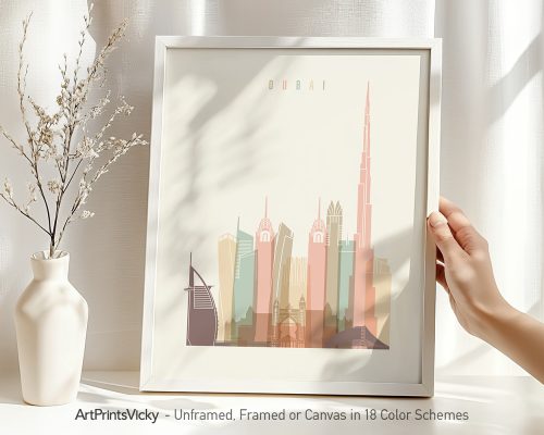 Art print featuring a stylized cityscape of Dubai with notable buildings and structures.