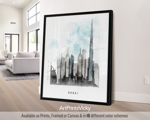 Art print featuring a stylized cityscape of Dubai with prominent buildings and a blue color scheme.