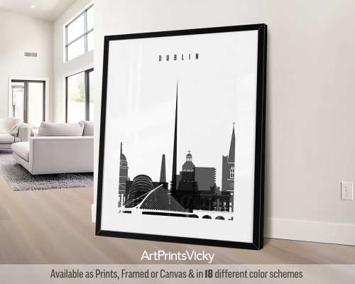 Black and white cityscape print of Dublin featuring notable landmarks and the word 'Dublin' at the top.