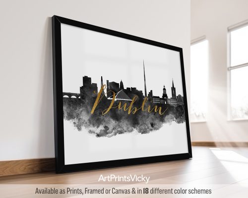 Art print featuring a silhouette of Dublin's skyline with the word 'Dublin' in gold lettering.