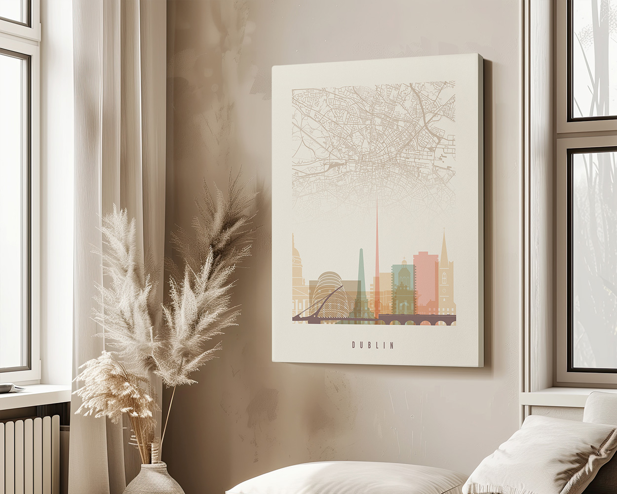 Art print of a map of Dublin with stylized city landmarks and buildings in soft colors.