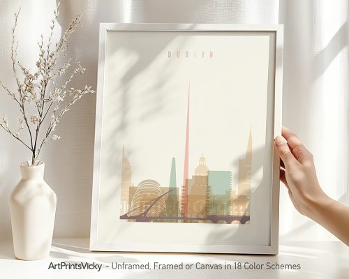 Art print of Dublin cityscape featuring notable buildings and landmarks in a minimalist style.