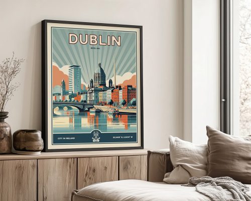 Framed retro-style print of Dublin featuring buildings and a river with a sunburst background.