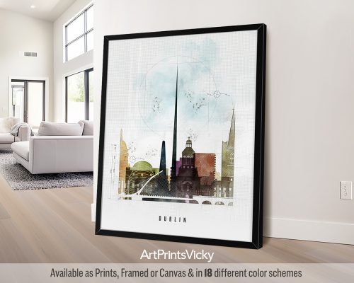 Art print of Dublin featuring iconic landmarks and a stylized skyline in various colors.