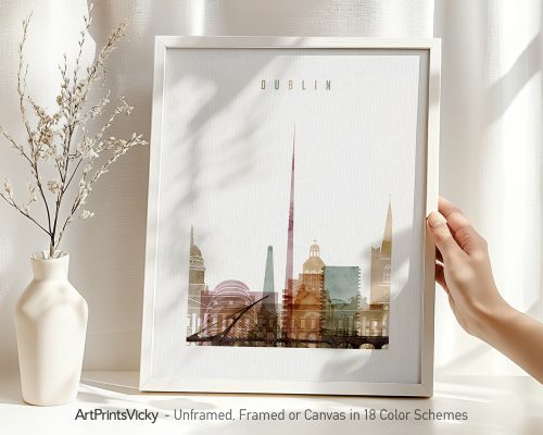 Framed artwork depicting a cityscape of Dublin with notable landmarks and a prominent spire.