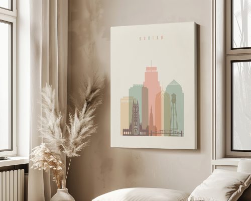 Artistic representation of Durham's skyline with various buildings in pastel colors.