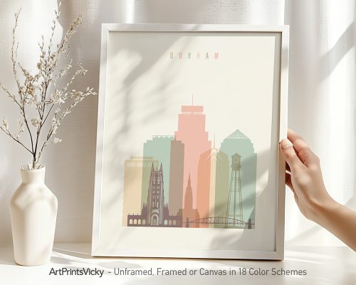 Art print of the Durham city skyline featuring various buildings in pastel colors.