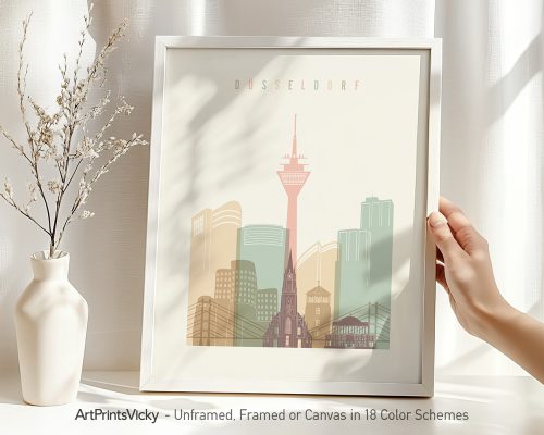 Stylized illustration of Dusseldorf skyline featuring buildings and a tower.