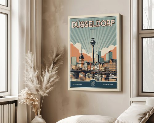 Retro-style print of Düsseldorf featuring city skyline and river with buildings and a tower.