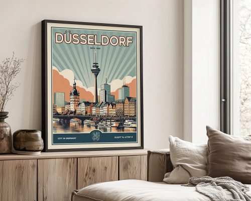 Retro-style print of Düsseldorf featuring city skyline and landmarks in muted colors.