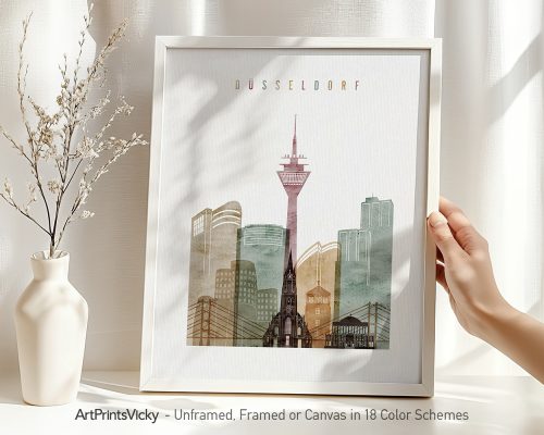 Art print of Düsseldorf skyline featuring modern buildings and a tower in muted colors.