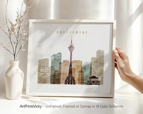 Art print of Düsseldorf skyline featuring buildings and a tower in a minimalist style.
