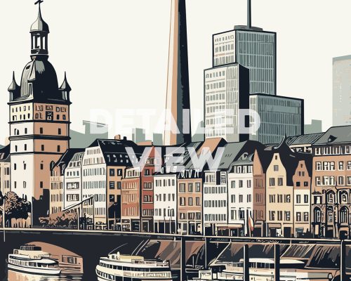 Illustration of Düsseldorf cityscape featuring buildings and a river with boats.