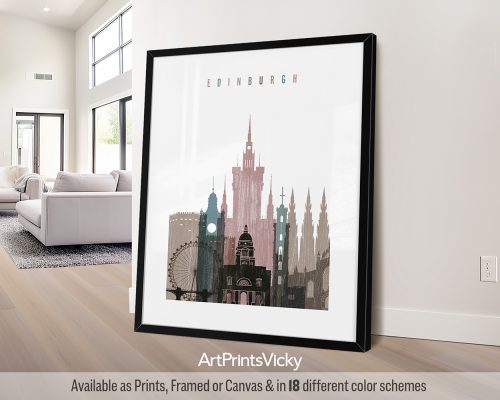 Framed artwork depicting a stylized cityscape of Edinburgh with notable buildings and structures.