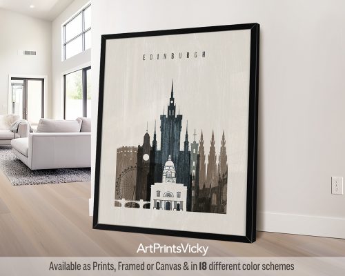 Framed artwork depicting a stylized cityscape of Edinburgh with notable buildings.