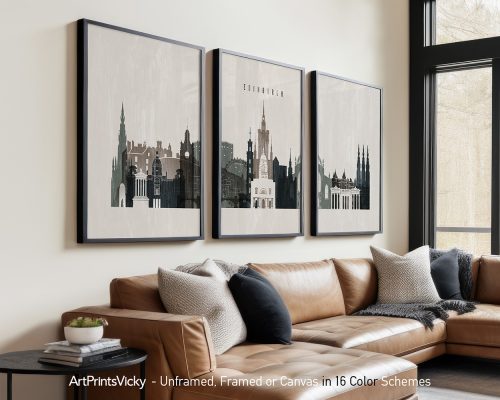 Three framed art prints depicting a cityscape of Edinburgh in a neutral color palette.