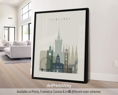 Framed artwork featuring a stylized cityscape of Edinburgh with notable landmarks.