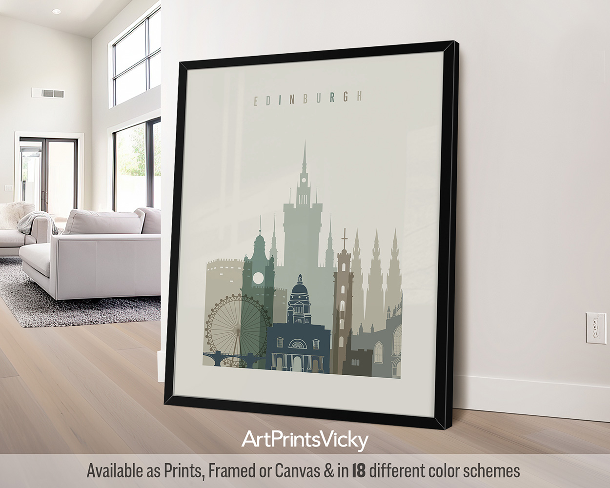 Framed artwork featuring a stylized cityscape of Edinburgh with notable landmarks.