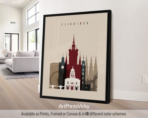 Art print featuring a stylized cityscape of Edinburgh with notable buildings and landmarks.