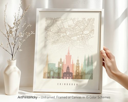 Art print of a map of Edinburgh featuring key landmarks and streets in a detailed design.