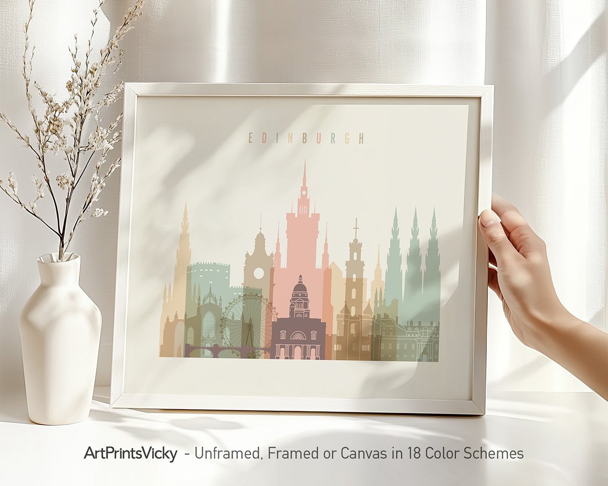 Art print of Edinburgh cityscape featuring various iconic buildings in pastel colors.