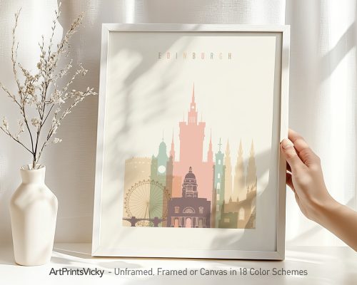 Art print of Edinburgh cityscape featuring notable buildings and structures in a minimalist style.