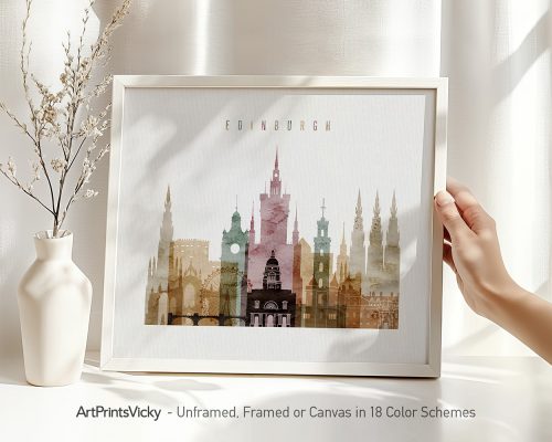 Framed artwork depicting the skyline of Edinburgh in various colors with the text 'Edinburgh'.