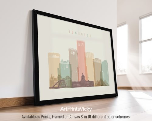 Illustration of Edmonton's skyline featuring various buildings and structures in muted colors.