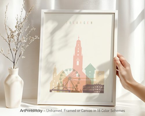 Art print of Erlangen featuring notable buildings and a ferris wheel in a minimalist style.