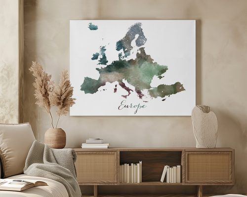 Watercolor map of Europe featuring various shades of green and brown with the label 'Europe' at the bottom.