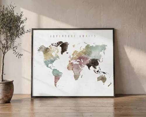 Explore in Watercolor World Map in Warm Tones | ArtPrintsVicky