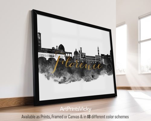 Framed artwork featuring a black and white silhouette of Florence with the word 'Florence' in gold.