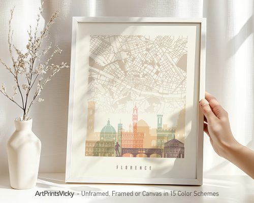 Stylized map of Florence featuring key landmarks and buildings in a minimalist design.