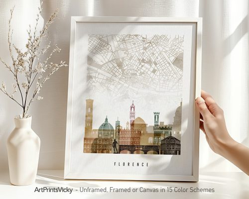 Art print of a map of Florence with notable landmarks in a minimalist design.