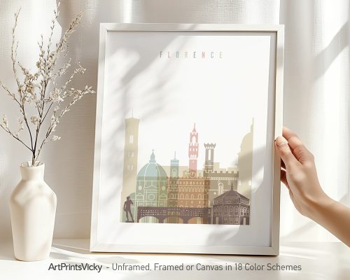 Art print featuring a stylized cityscape of Florence with notable landmarks in pastel colors.
