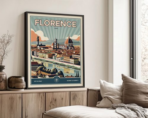 Retro art print of Florence featuring iconic landmarks and a colorful design.