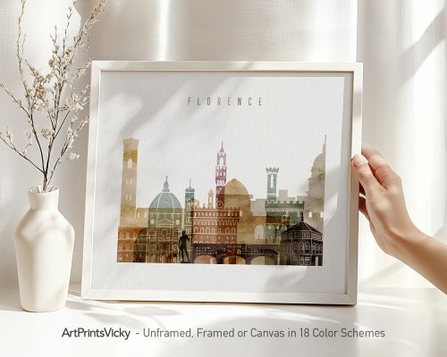 Art print featuring a stylized cityscape of Florence with notable buildings and landmarks.
